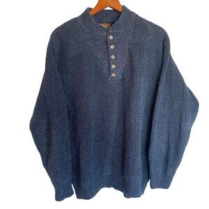 Alps Vintage Heavy Chunky Knit Pullover Sweater Mens LARGE Quarter Button Blue
